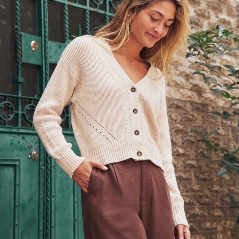 Marine Layer Robin Crop Pointelle Cardigan Button Front Oatmeal Small